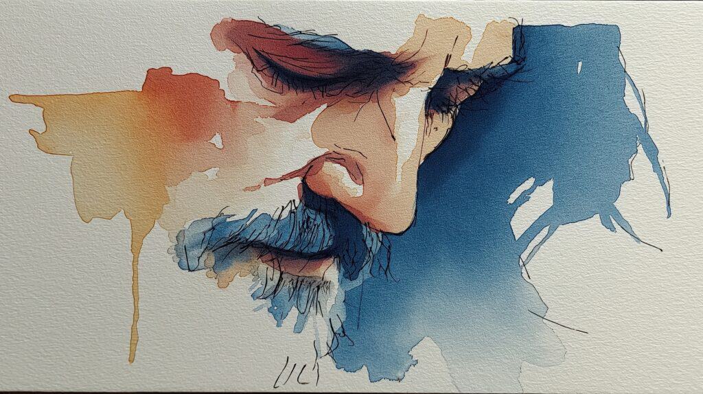 Watercolour painting of Christ in profile, head bowed, in ochre and indigo